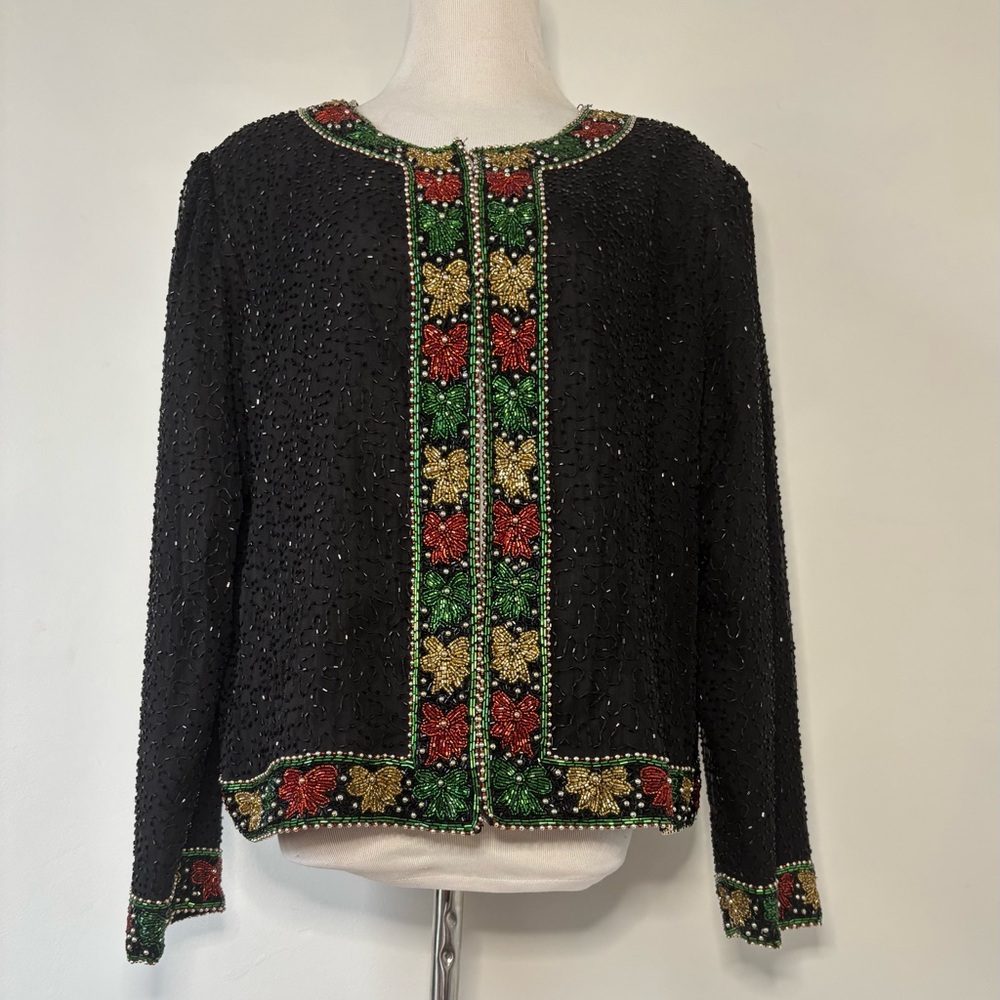 Vtg Laurence Kazar Poinsettia Sequin Silk Jacket Christmas Beaded Cardigan 1x